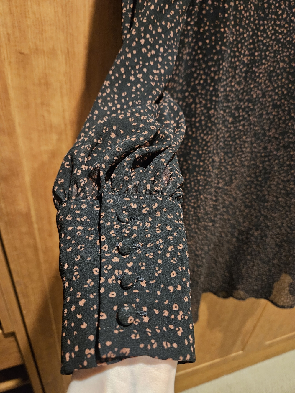 CAbi Black Dress with Pink Speckled Print and Waist Tie Button Down Sleeves - Picture 3 of 7